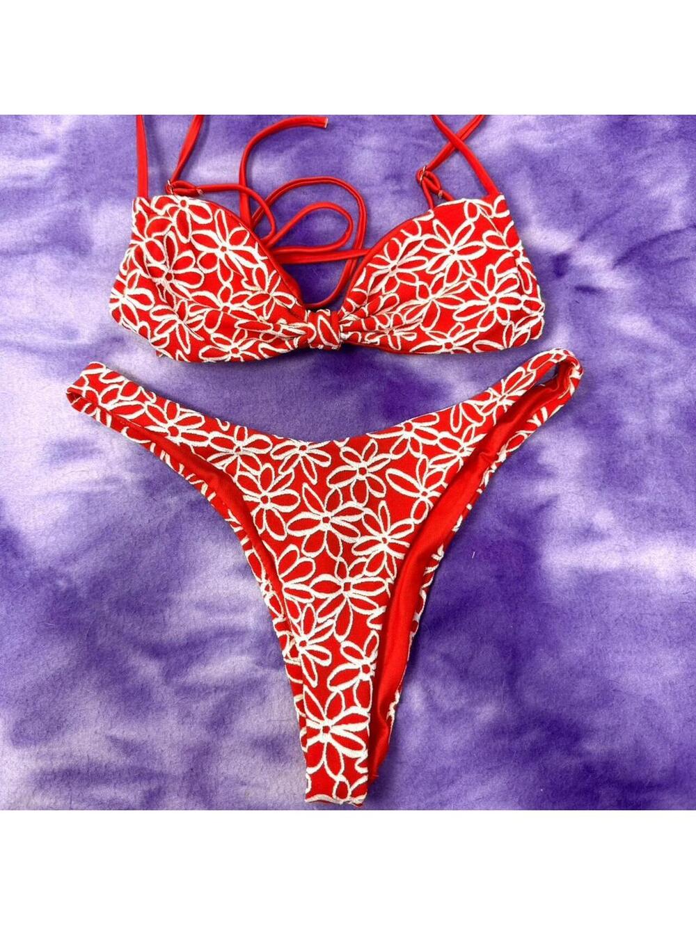 Red and white floral bikini set size xs